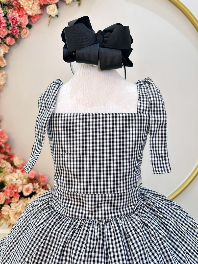 Vestido Infantil Primavera Verão Xadrez Preto e Branco Luxo