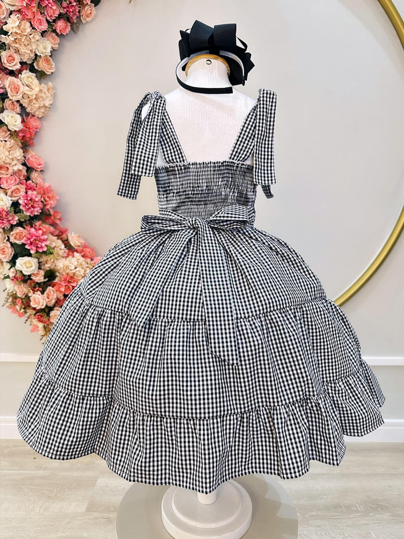 Vestido Infantil Primavera Verão Xadrez Preto e Branco Luxo