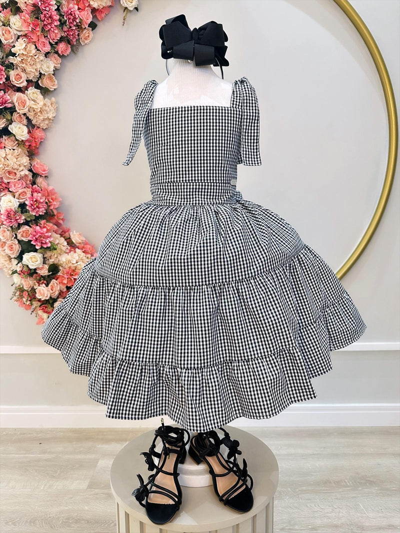 Vestido Infantil Primavera Verão Xadrez Preto e Branco Luxo