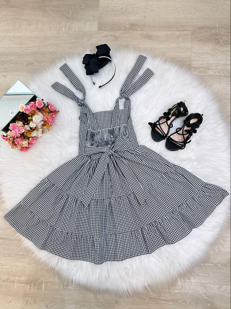 Vestido Infantil Primavera Verão Xadrez Preto e Branco Luxo