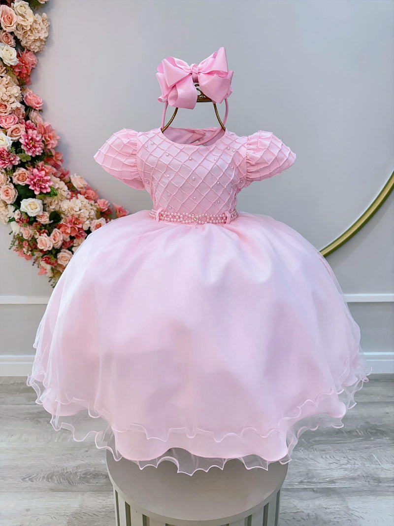 Vestido Infantil Rosa Bebê Busto Nervura Pérolas Daminhas