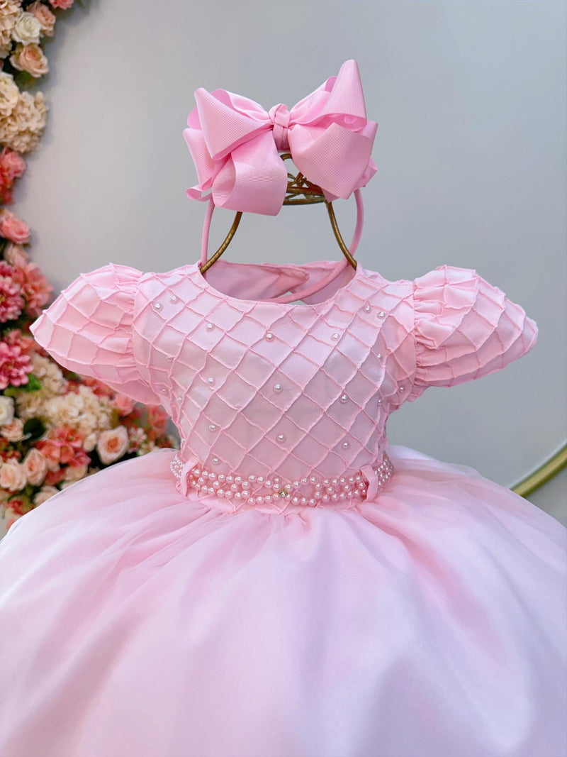 Vestido Infantil Rosa Bebê Busto Nervura Pérolas Daminhas