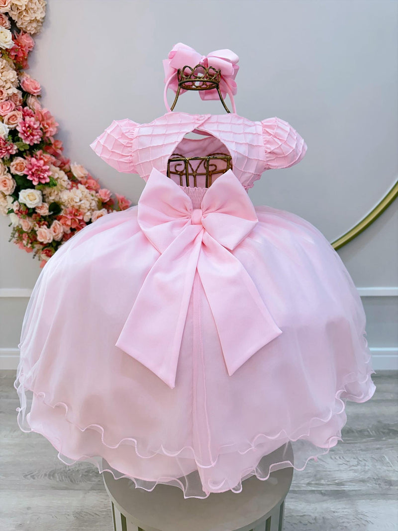 Vestido Infantil Rosa Bebê Busto Nervura Pérolas Daminhas