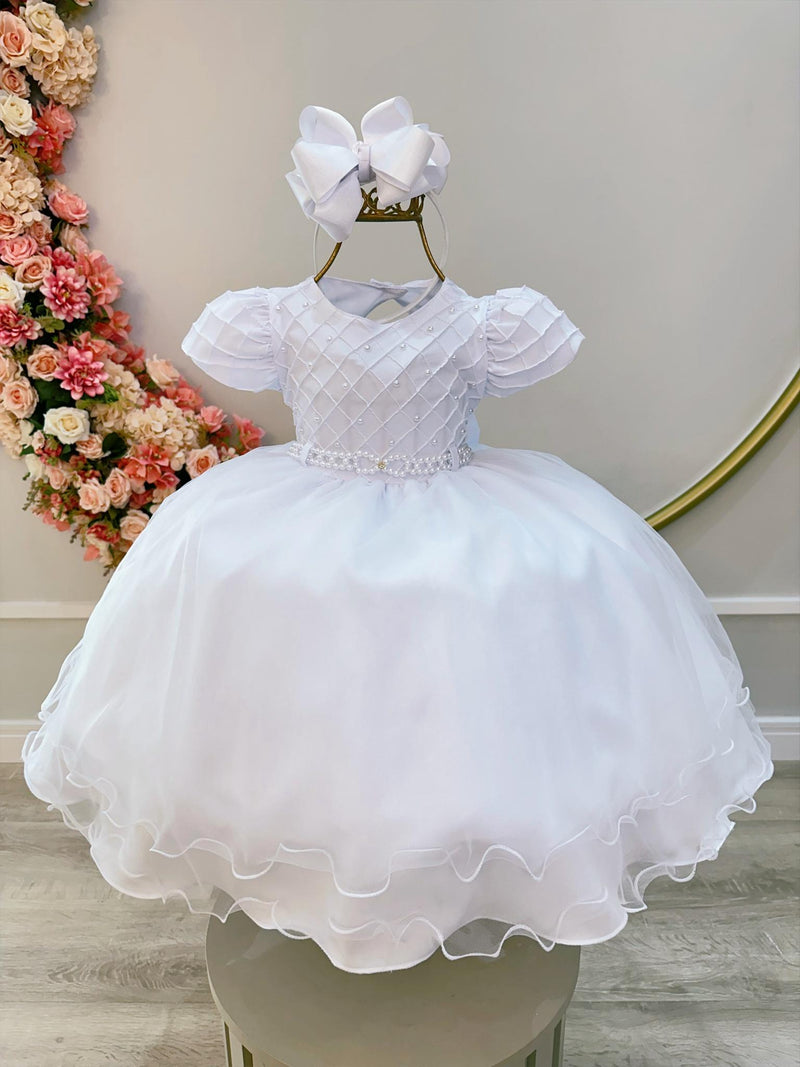 Vestido Infantil Branco Busto Nervura Pérolas Daminhas