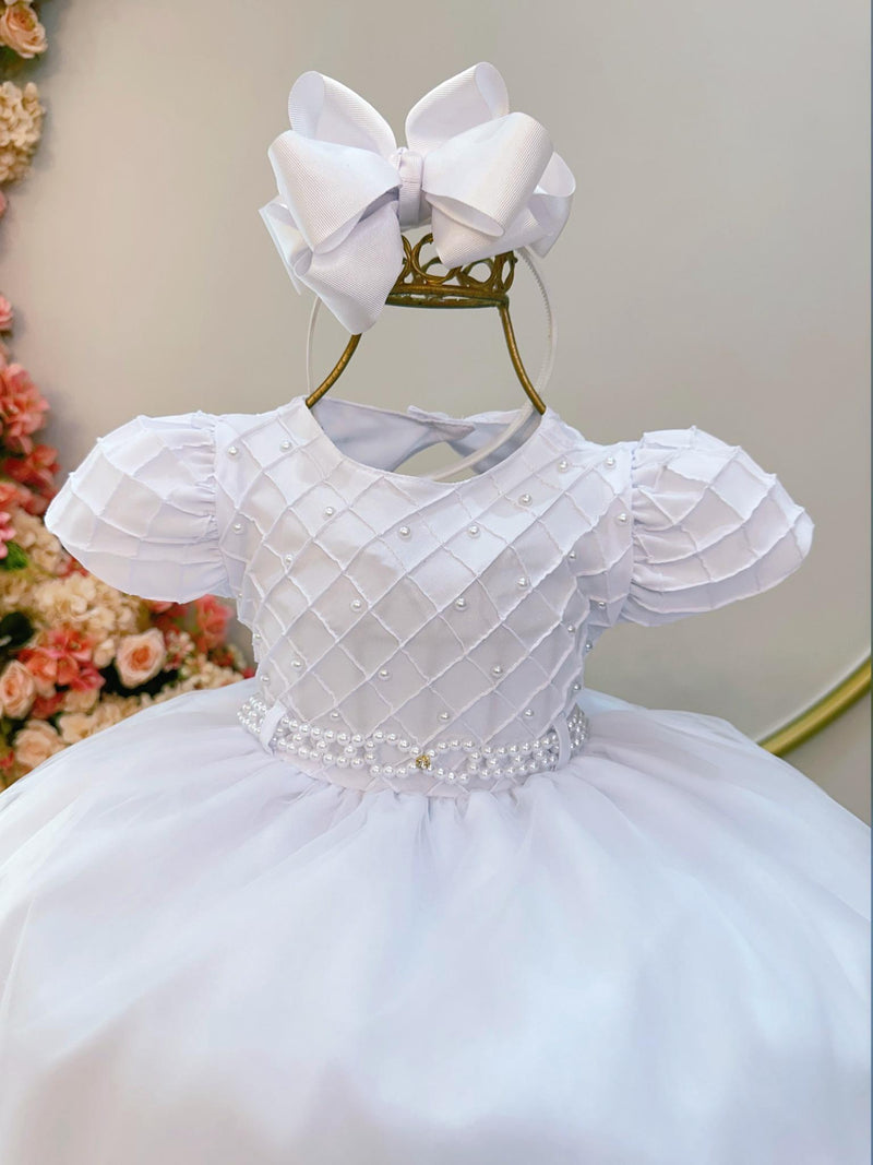 Vestido Infantil Branco Busto Nervura Pérolas Daminhas