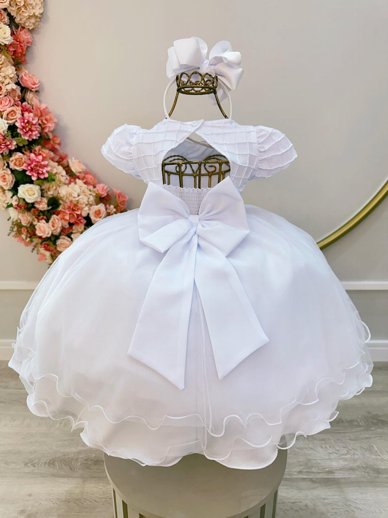 Vestido Infantil Branco Busto Nervura Pérolas Daminhas