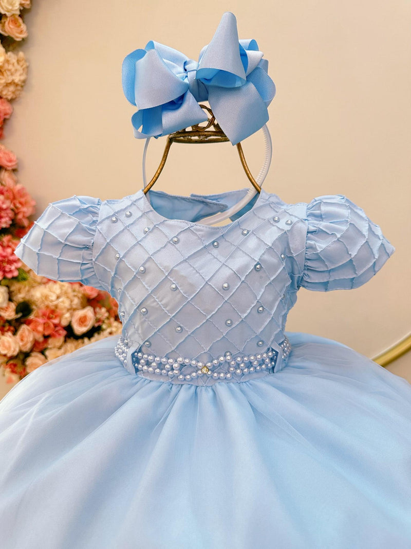 Vestido Infantil Azul Claro Busto Nervura Pérolas Daminhas