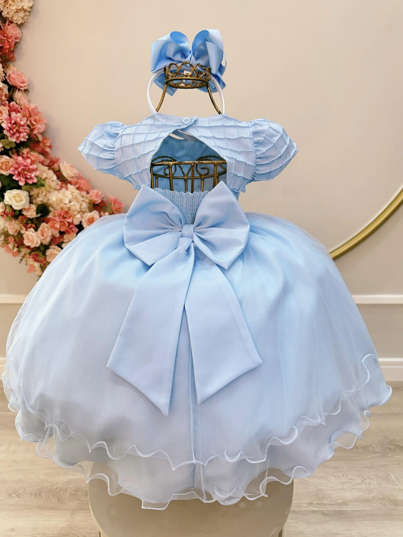 Vestido Infantil Azul Claro Busto Nervura Pérolas Daminhas