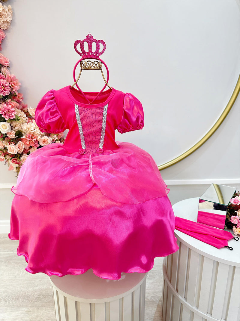 Fantasia Infantil Princesa Barbie Aurora Tiara e Luva Rosa