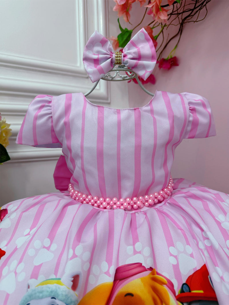 Vestido Infantil Patrulha Canina Rosa Cinto Pérolas Luxo