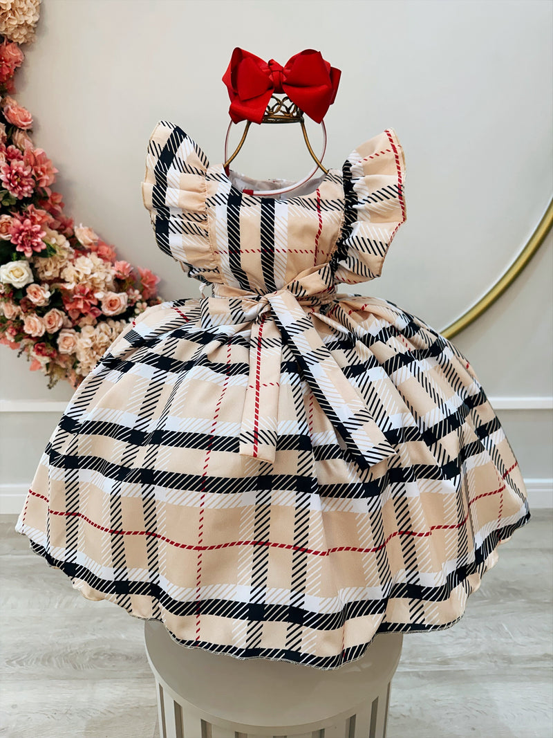 Vestido Infantil Xadrez Bege Tartan Colorido Festas Luxo