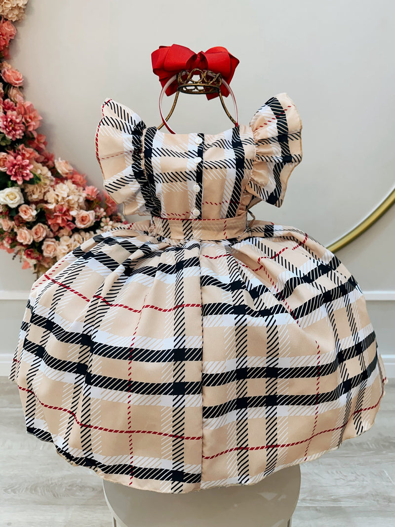 Vestido Infantil Xadrez Bege Tartan Colorido Festas Luxo