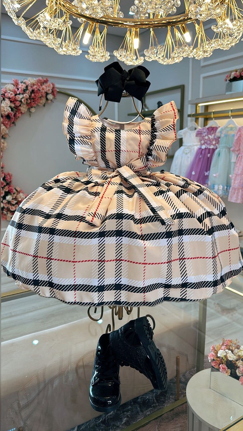 Vestido Infantil Xadrez Bege Tartan Colorido Festas Luxo