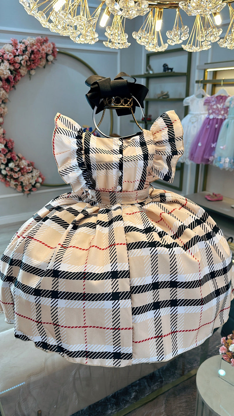 Vestido Infantil Xadrez Bege Tartan Colorido Festas Luxo