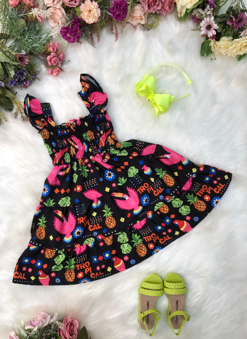 Vestido infantil Crepinho Preto Florido Colorido Luxo