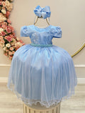 Vestido Infantil Azul Bebê Tule C/ Renda Casamento Luxo