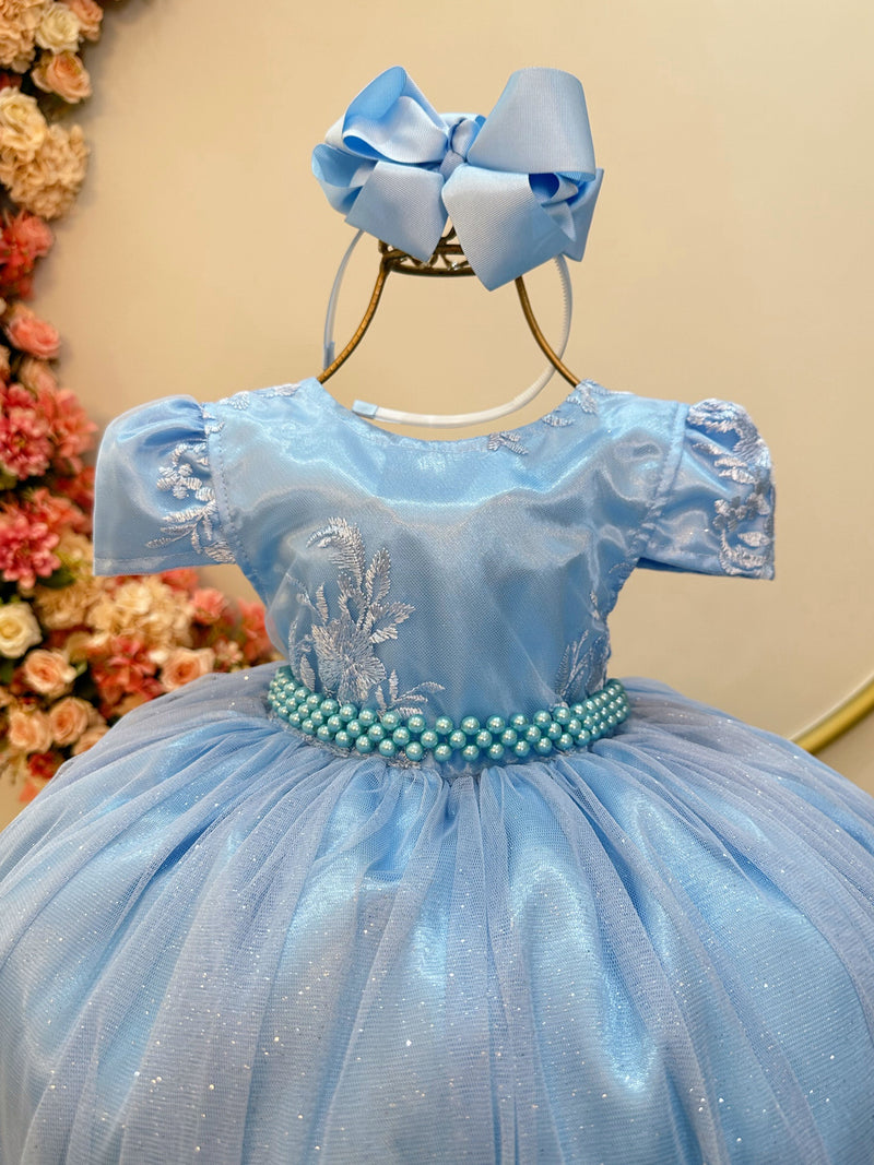 Vestido Infantil Azul Bebê Tule C/ Renda Casamento Luxo