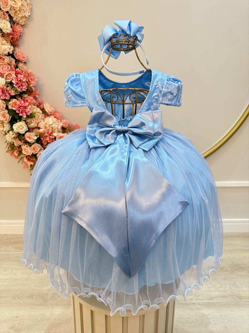 Vestido Infantil Azul Bebê Tule C/ Renda Casamento Luxo