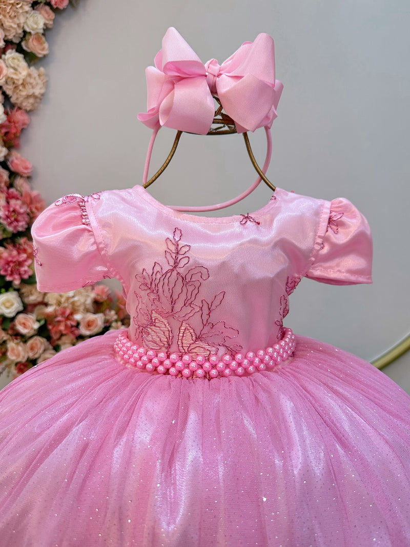 Vestido Infantil Rosa Tule C/ Renda Metálica Luxo Casamento