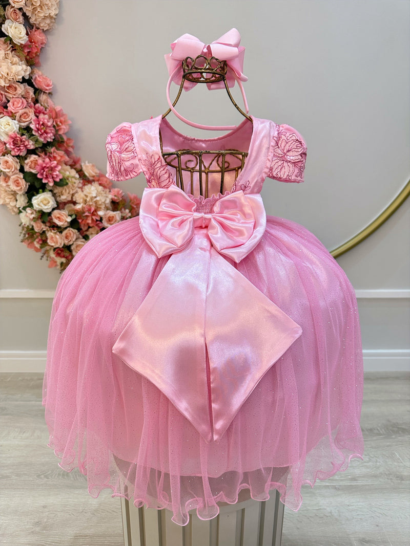 Vestido Infantil Rosa Tule C/ Renda Metálica Luxo Casamento