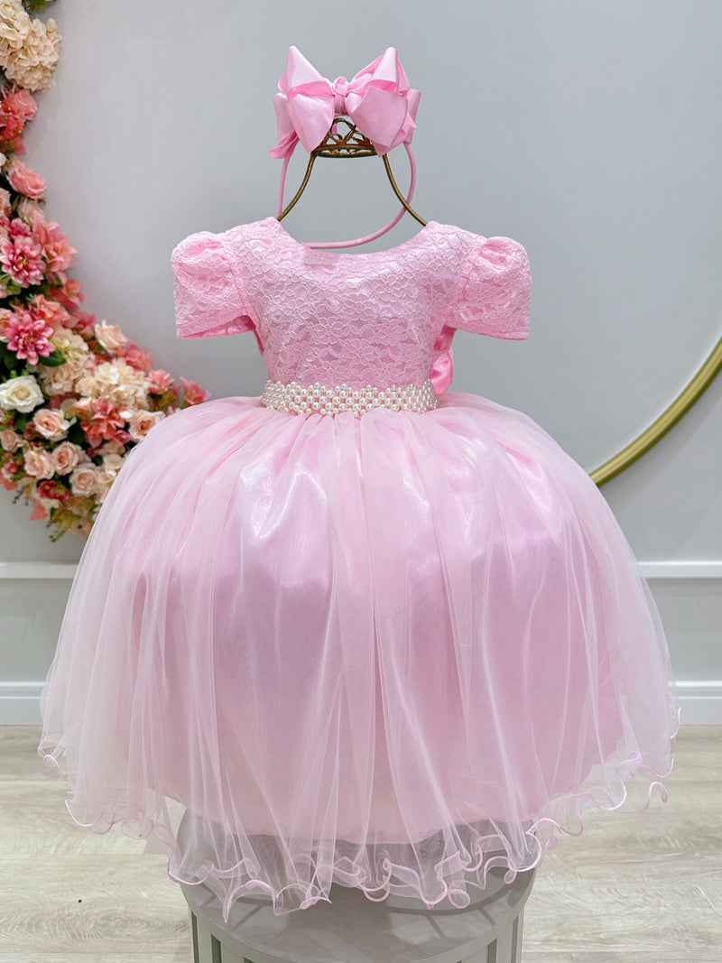 Vestido Infantil Rosa Bebê Tule C/ Renda Luxo Casamento