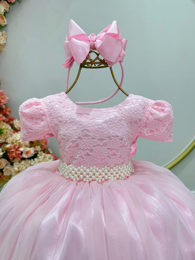 Vestido Infantil Rosa Bebê Tule C/ Renda Luxo Casamento