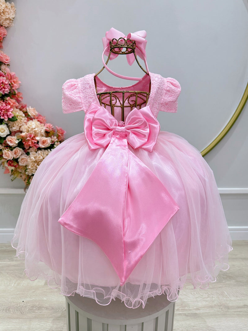 Vestido Infantil Rosa Bebê Tule C/ Renda Luxo Casamento