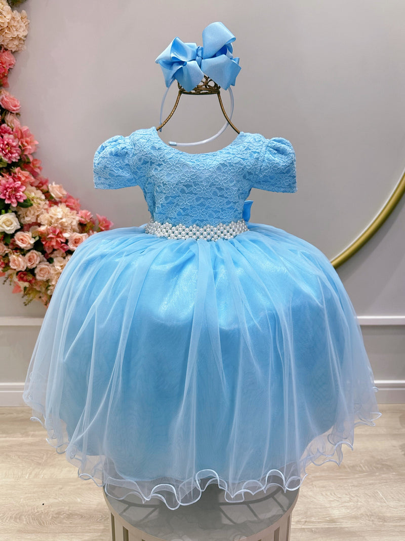 Vestido Infantil Azul Bebê Tule C/ Renda Luxo Casamento