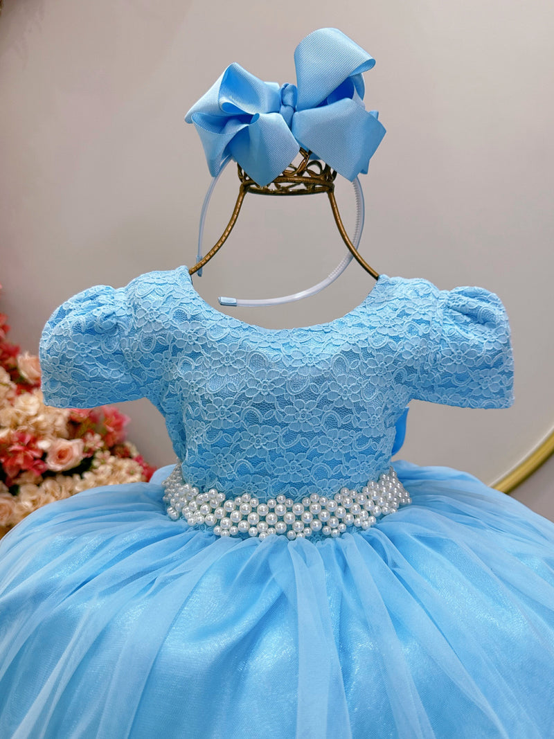 Vestido Infantil Azul Bebê Tule C/ Renda Luxo Casamento