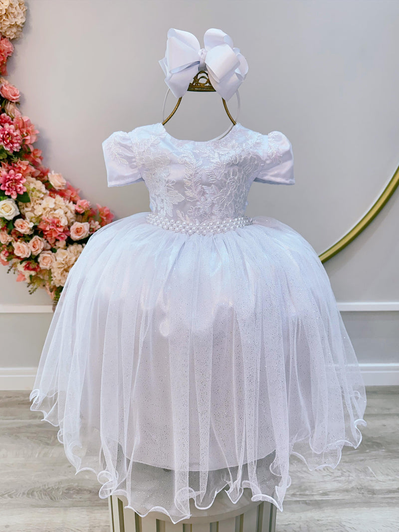 Vestido Infantil Branco Tule C/ Renda Metalizada Casamento