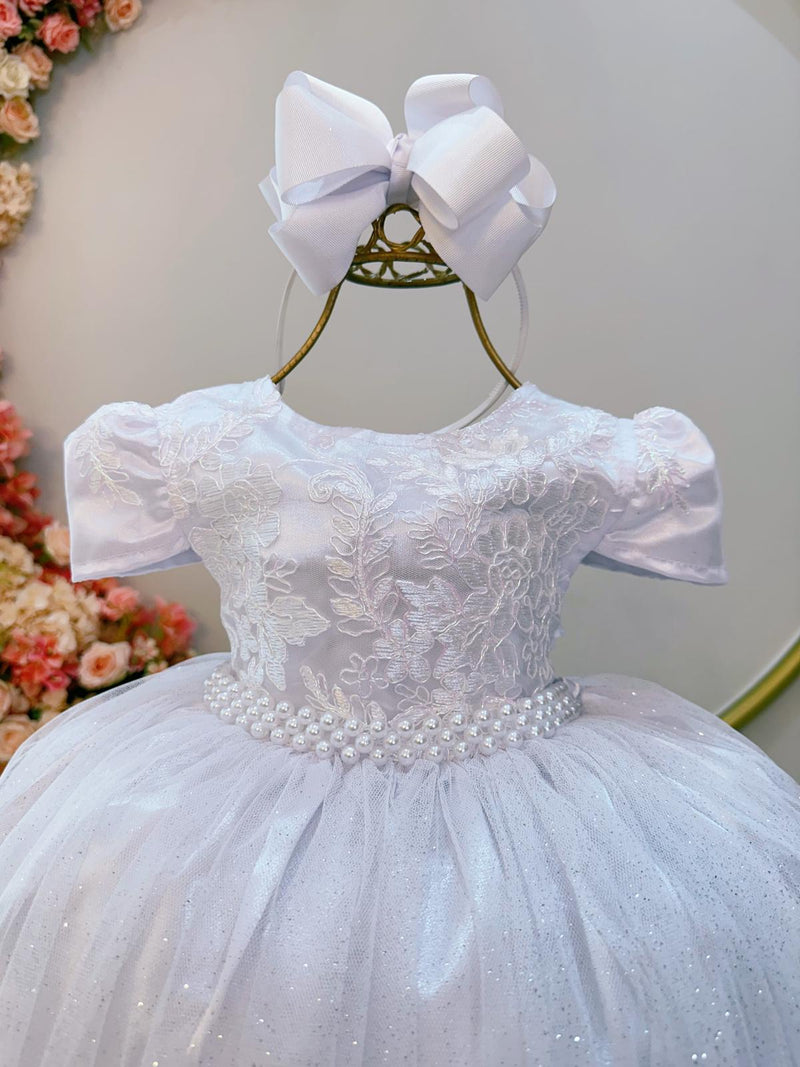 Vestido Infantil Branco Tule C/ Renda Metalizada Casamento