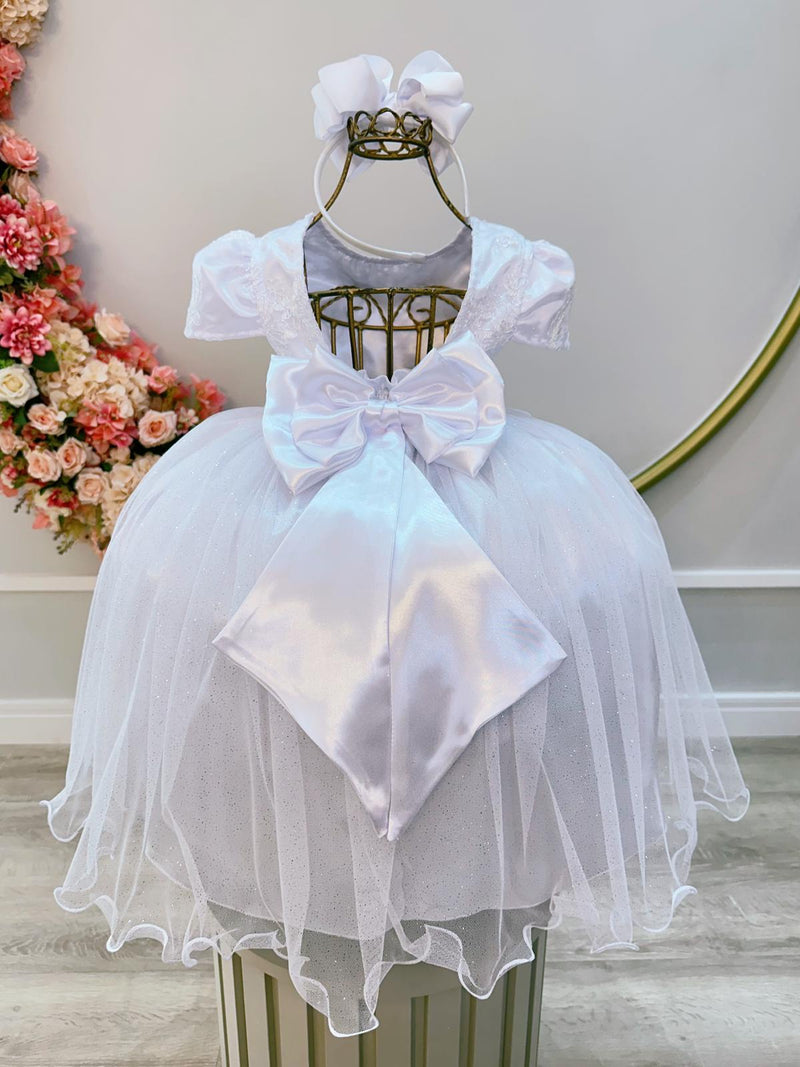 Vestido Infantil Branco Tule C/ Renda Metalizada Casamento