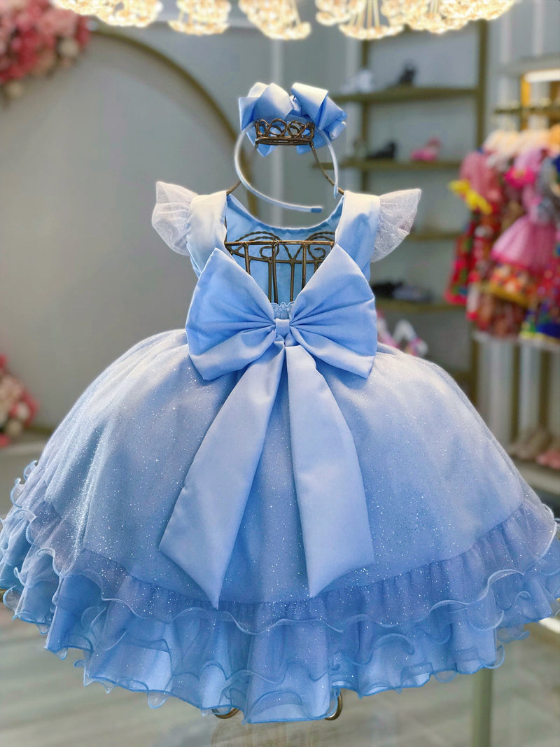 Vestido Infantil Azul C/ Busto Strass Saia Babados Glitter