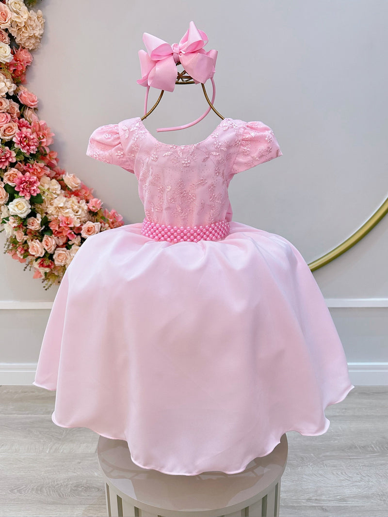 Vestido Infantil Rosa Bebê Busto C/ Renda e Cinto de Pérolas