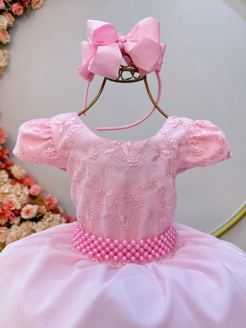 Vestido Infantil Rosa Bebê Busto C/ Renda e Cinto de Pérolas