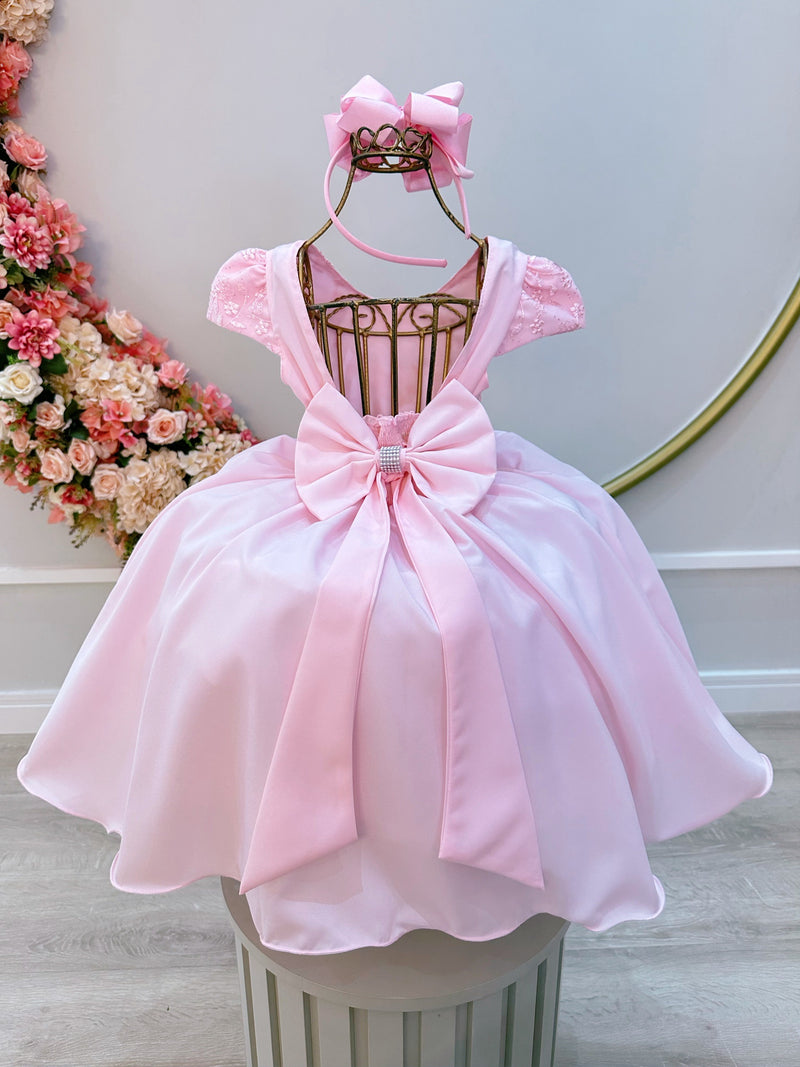 Vestido Infantil Rosa Bebê Busto C/ Renda e Cinto de Pérolas