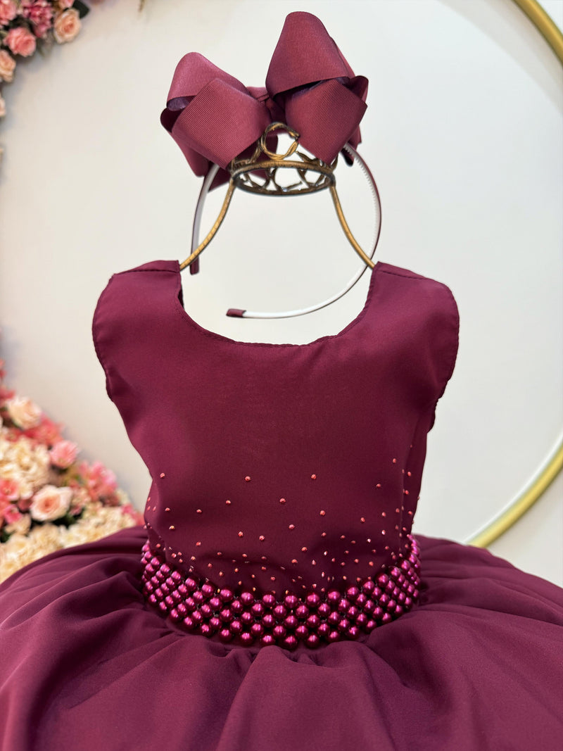 Vestido Infantil Marsala Busto C/ Strass e Cinto de Pérolas