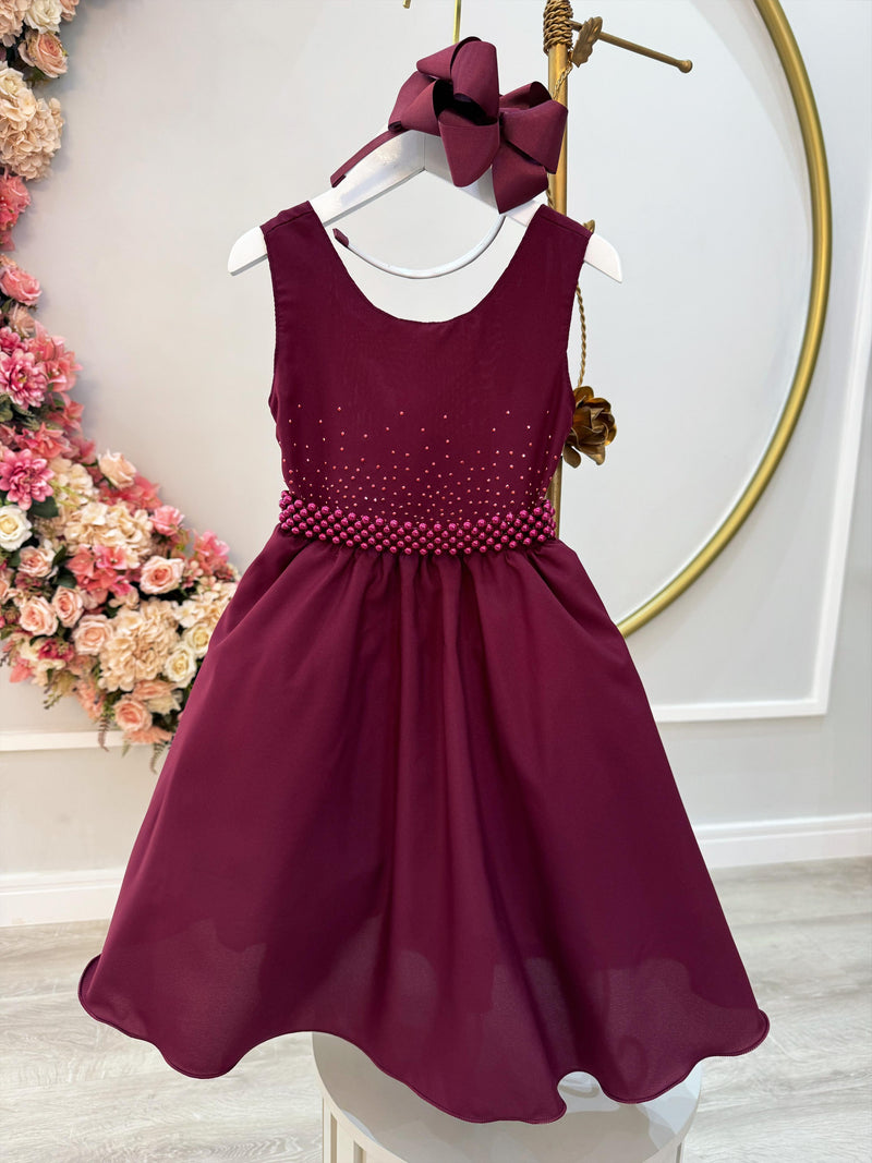 Vestido Infantil Marsala Busto C/ Strass e Cinto de Pérolas