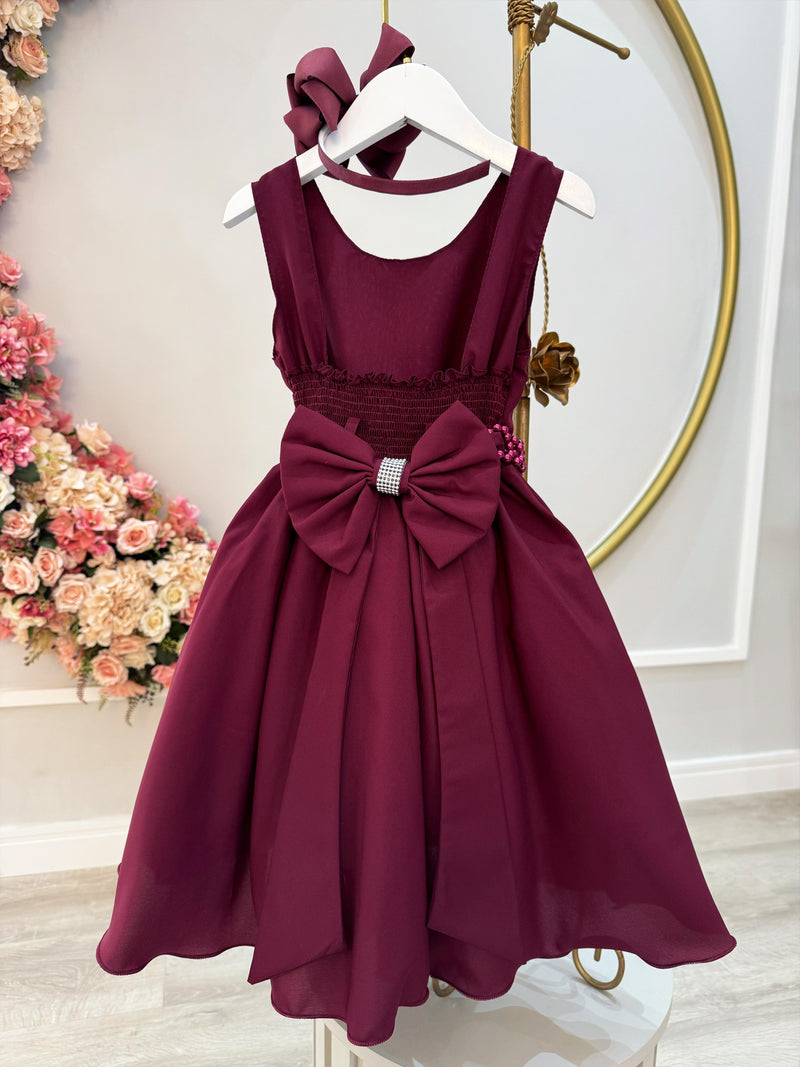 Vestido Infantil Marsala Busto C/ Strass e Cinto de Pérolas