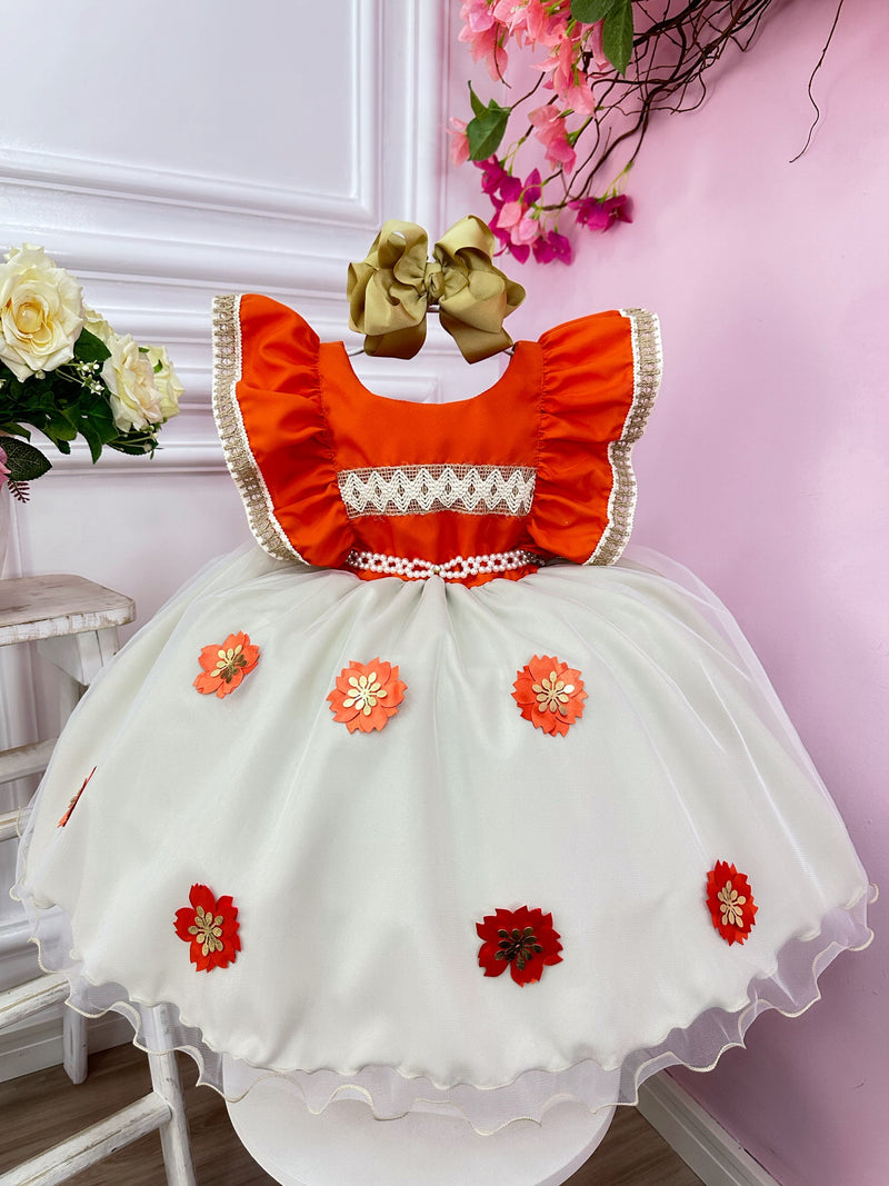 Vestido Infantil Moana Laranja C/ Apliques Flores Festas (1322LF)