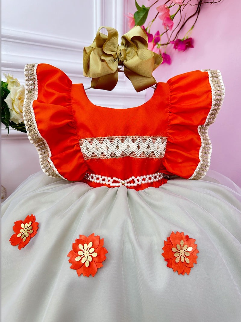 Vestido Infantil Moana Laranja C/ Apliques Flores Festas (1322LF)