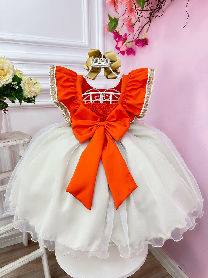 Vestido Infantil Moana Laranja C/ Apliques Flores Festas (1322LF)