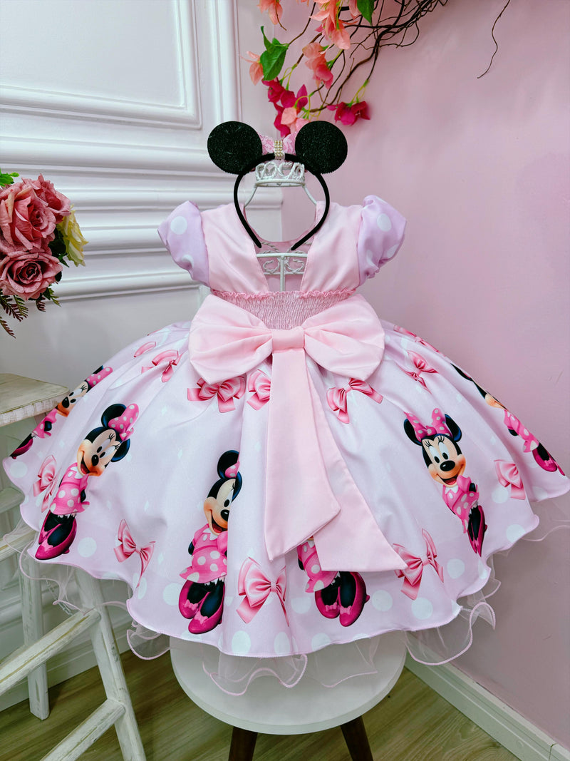 Vestido Infantil Minnie Rosa Com Bolinhas e Pérolas Festas (1767RS)