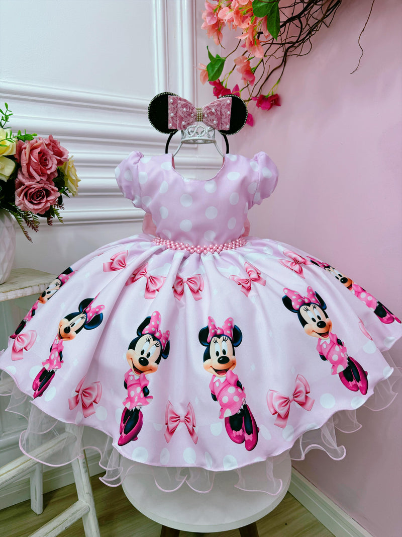 Vestido Infantil Minnie Rosa Com Bolinhas e Pérolas Festas (1767RS)