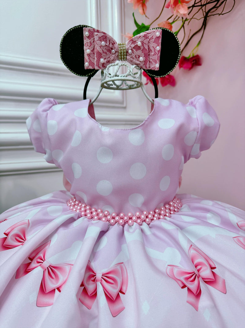 Vestido Infantil Minnie Rosa Com Bolinhas e Pérolas Festas (1767RS)