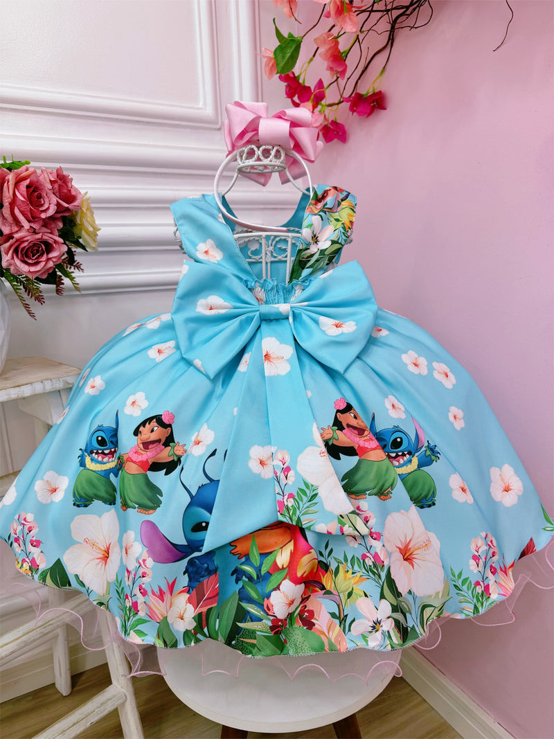 Vestido Infantil da Lilo e Stitch Azul Claro Florido Festas (3020AZ)