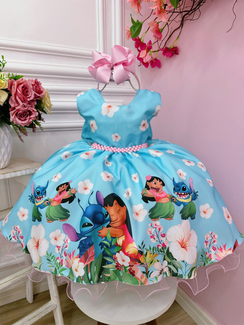 Vestido Infantil da Lilo e Stitch Azul Claro Florido Festas (3020AZ)