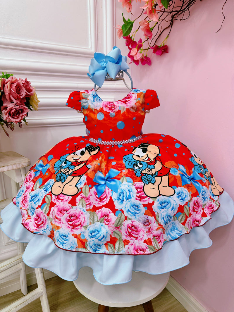 Vestido Infantil Mônica e Sansão Vermelho Florido Luxo