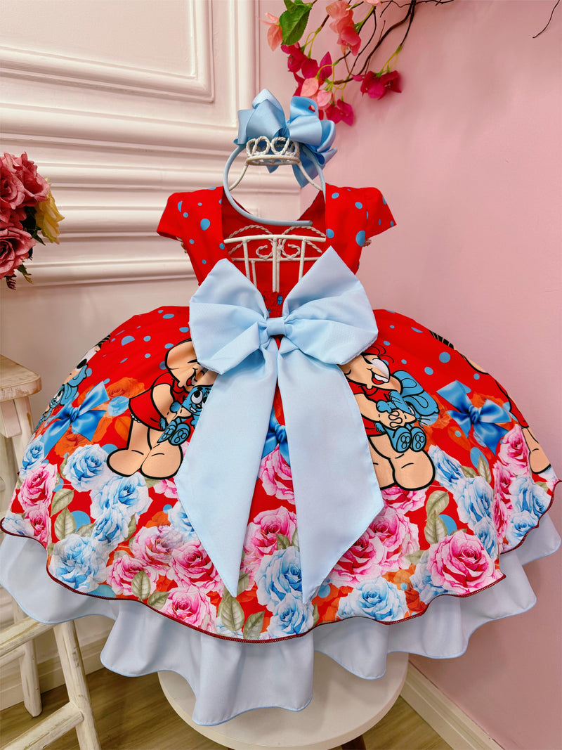 Vestido Infantil Mônica e Sansão Vermelho Florido Luxo