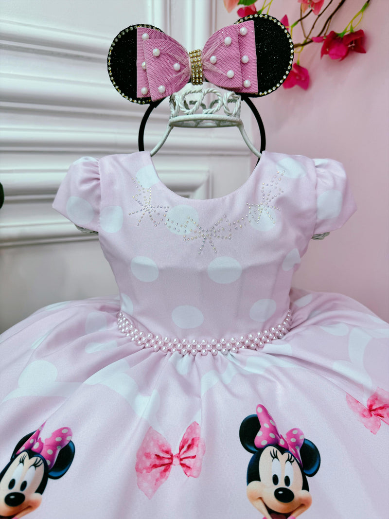 Vestido Infantil Minnie Rosa Com Bolinhas e Pérolas Luxo (5054RM)